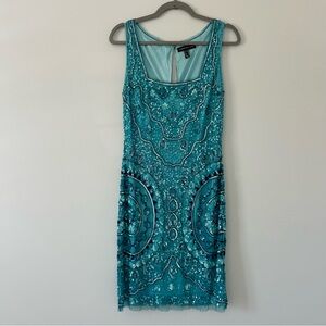 Aidan Mattox Teal Green Sleeveless Square Neck Cocktail Beaded Sequin Mini Dress